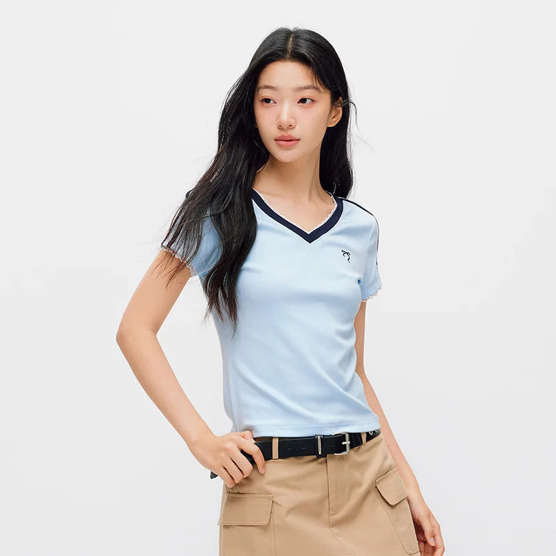 Semir Women Tshirt Cool Feeling Cropped Lace V Neck Slim Contrast Short Sleeve Summer 2026 Casual Fashion Style Top