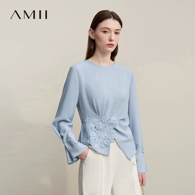 អាវស្រី Amii រដូវស្លឹកឈើជ្រុះឆ្នាំ ២០២៦ អាវដៃវែងឆើតឆាយសម្រាប់ធ្វើដំណើរទៅធ្វើការ កអាវរាងមូល ចរ អាវ chiffon រលុង សម្លៀកបំពាក់ស្ត្រី 12681001