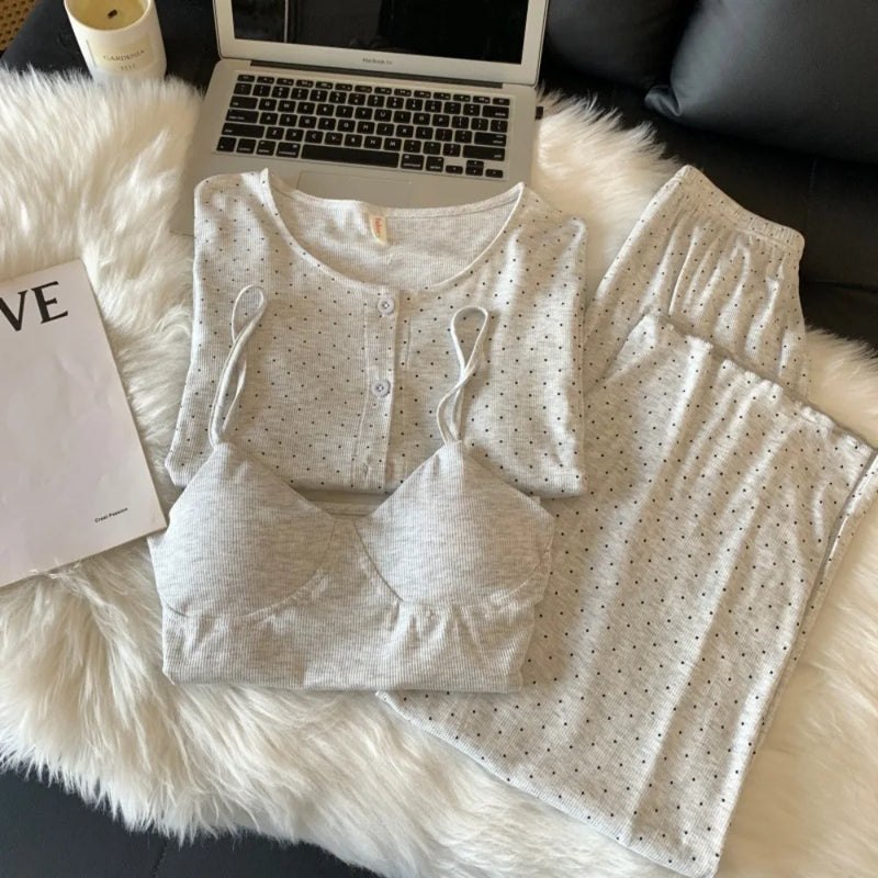 Women’s Loungewear Chest Pads Pajamas Nightwear for Woman Spring Autumn 3 Pieces Pyjama Female Clothing Comfort for Homewear