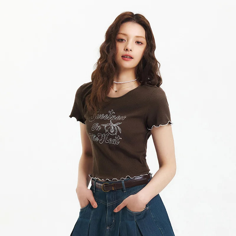Semir Cut-Out Detail Short Sleeve T-Shirt Women Playful Lace Trim 2025 Summer New Floral Print Top