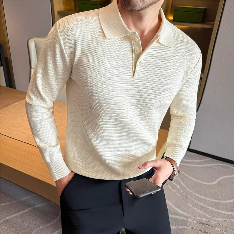 Men's Wool Blend Sweater, Polo Collar Shell Buttons, Old Money Style, Light Beige Gray