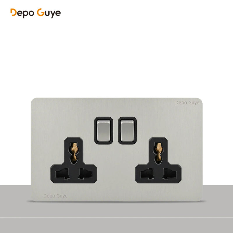 146 Type Retro Metal Panel UK 13A Wall Socket,Bronzed Stainless Steel Power Universal 3-pin Dual Power Socket With USB C charge