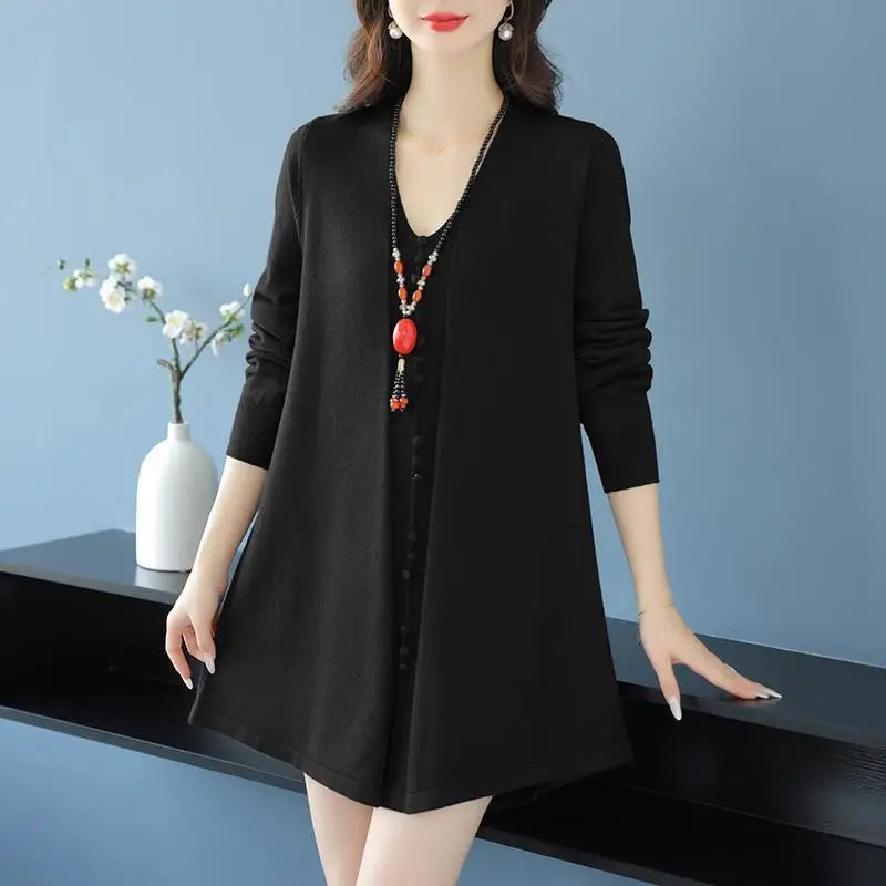 Loose Vintage Pullover Sweater Spring Autumn Knit Women's Clothing V Neck Long Sleeve Tops Middle Aged Mother Knitwear Jumper