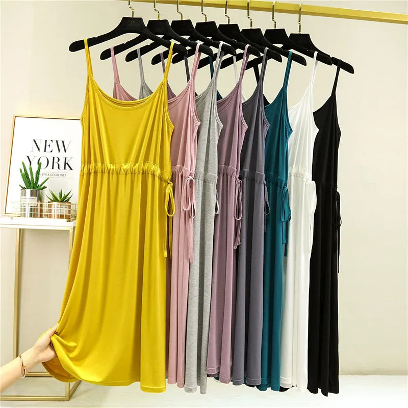 Fdfklak New Modal Cotton Night Dresses For Women 2025 Sexy Suspenders Nightshirt Drawstring Waist Slim Nightgowns Female