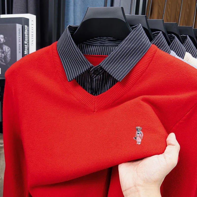 Multi-Color Selection Man False Two-Piece Long-Sleeved Knitwear Bear Embroidery Autumn Winter New Pullover Casual Men's Clothing