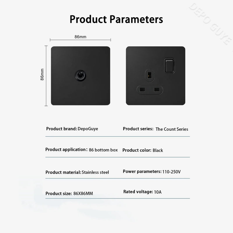 Black Retro Toggle Wall Light Switch Socket,Stainless Steel Universal UK Electrical Outlets with USB Type-C charging For Home