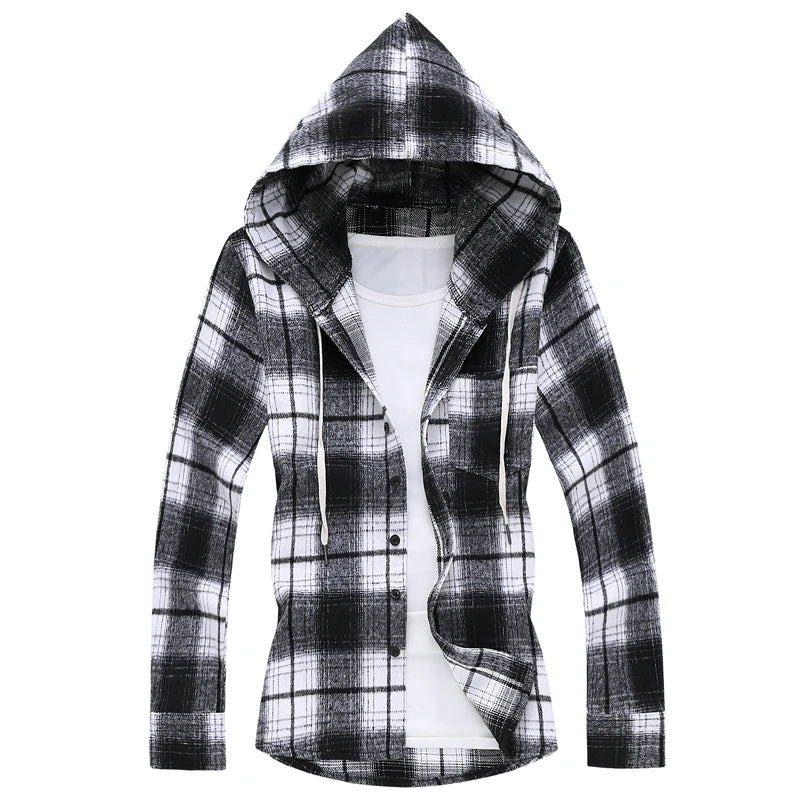 2026 New Men's White Plaid Hooded Shirt, Single Breasted, Long Sleeve Shirts, Black Fashion, Casual Tops