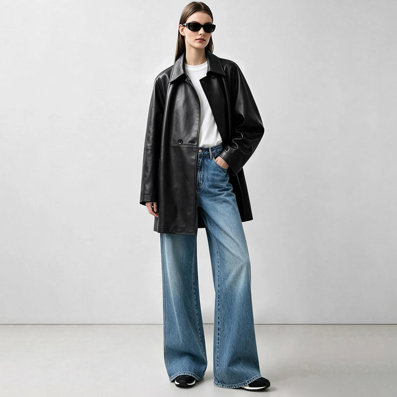 Amii Women's Oversize Faux Leather Jacket Lapel Collar Belt Raglan Sleeve Fashion Coat 2026 Autumn Trend Woman Clothing 12653017