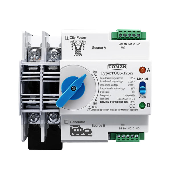 TOMZN Single Phase DIN Rail ATS Dual Power Automatic Transfer Electrical Selector Switches Uninterrupted 2P 63A 100A 125A