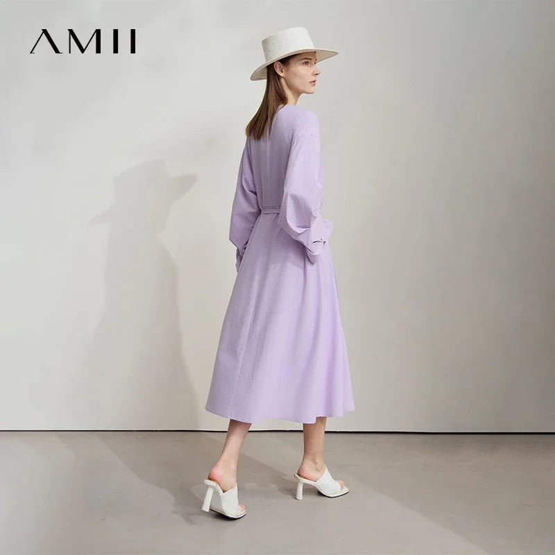 Amii Minimalist Women's V-Neck Dress 2026 Autumn New Bud Sleeve with Belt Solid Color Casual Elegant A-shaped Dress 12541108