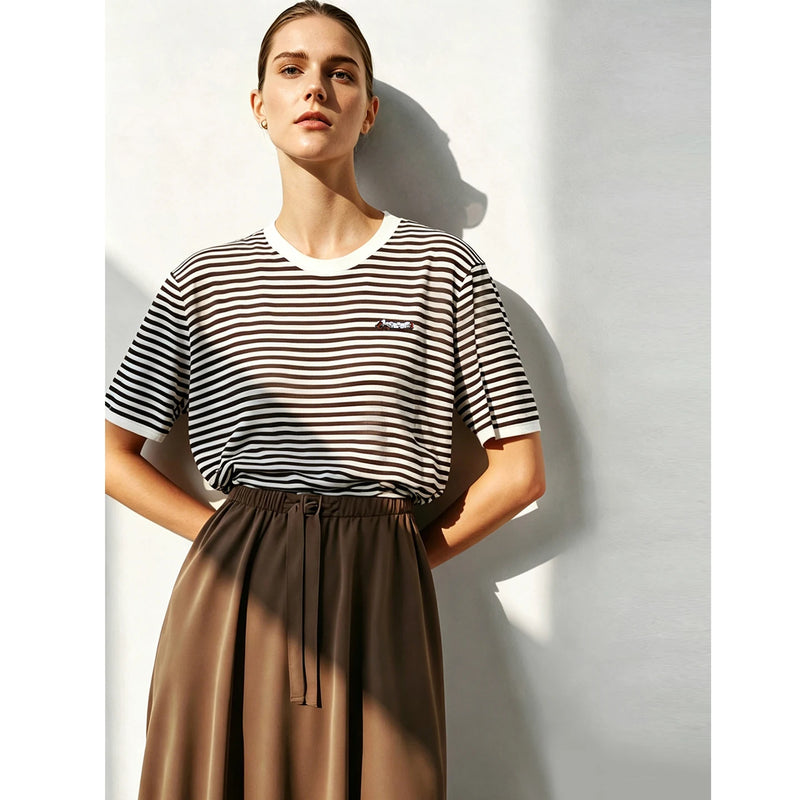 Amii Short Sleeve Knit Top 2026 Summer New O-Neck Women's Color Block Stripe Sweater Loose Casual Pullover For Woman 12642075