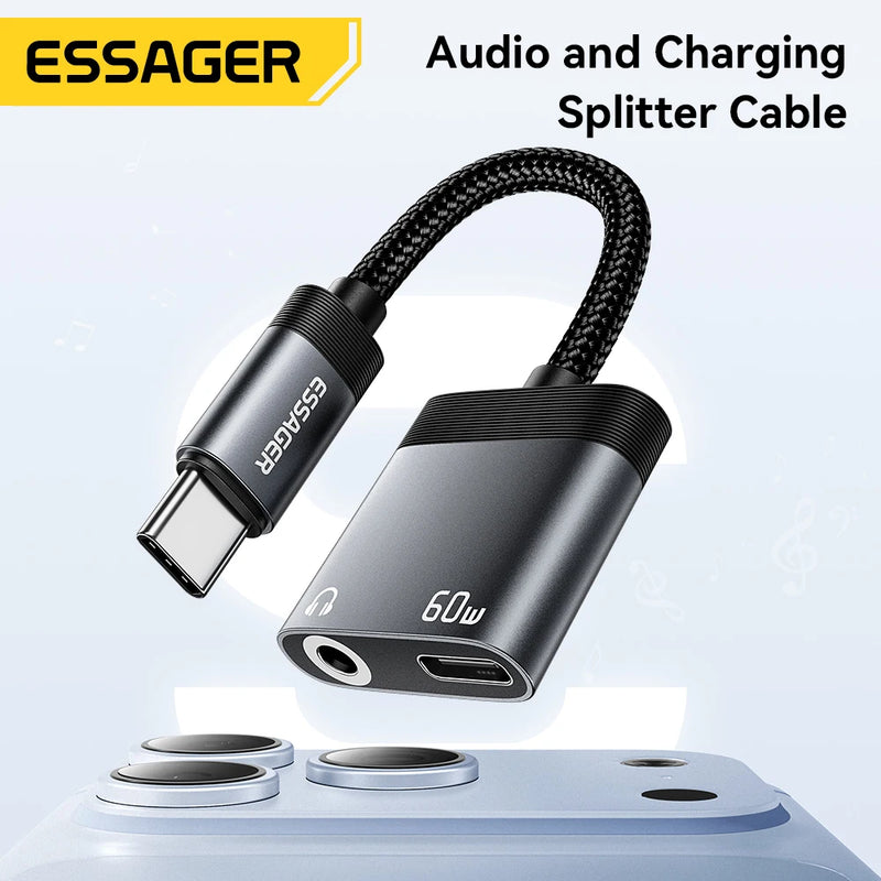 Essager Audio And Charging Splitter Cable 2 In 1 3.5mm Jack Earphone PD 60W USB Type C Charger Adapter For iPhone Samsung Xiaomi