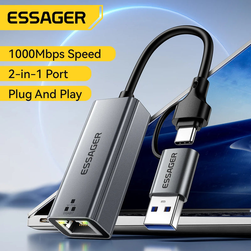 អាដាប់ទ័រអ៊ីសឺរណិត Essager 2-in-1 USB-A/Type-C ទៅ RJ45 កាតបណ្តាញ 1000Mbps Ethernet Gigabit អាដាប់ទ័រកាត Lan សម្រាប់កុំព្យូទ័រយួរដៃ MacBook