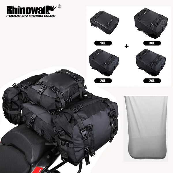 ឈុតកាបូបដាក់កន្ទុយម៉ូតូ Rhinowalk ៤ ដុំ ទំហំ 10L/20L/30L មានខ្សែរសម្រាប់ដាក់កន្ទុយម៉ូតូ ដំឡើងជាមួយកាបូបខាងក្នុងការពារទឹកដែលអាចដោះចេញបាន