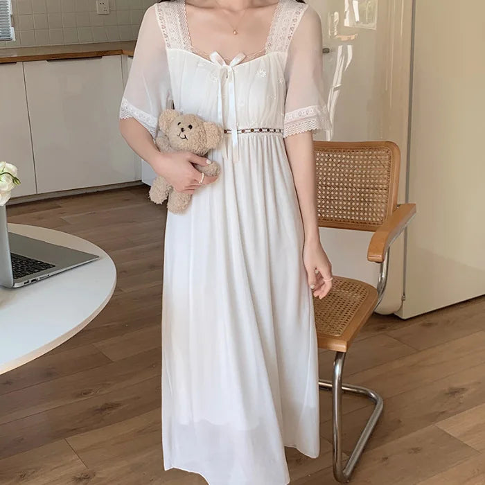 Lace Modal Mesh Summer Night Dress Woman Court Princess Nightdress Loungewear Sleepwear Women's Nightgowns Homewear Nightwear