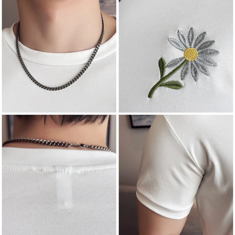 Men's Cotton T-Shirt - Summer Slim Fit Floral Embroidered Tee | 95% Cotton Stretch Crew Neck Casual Top for Youth