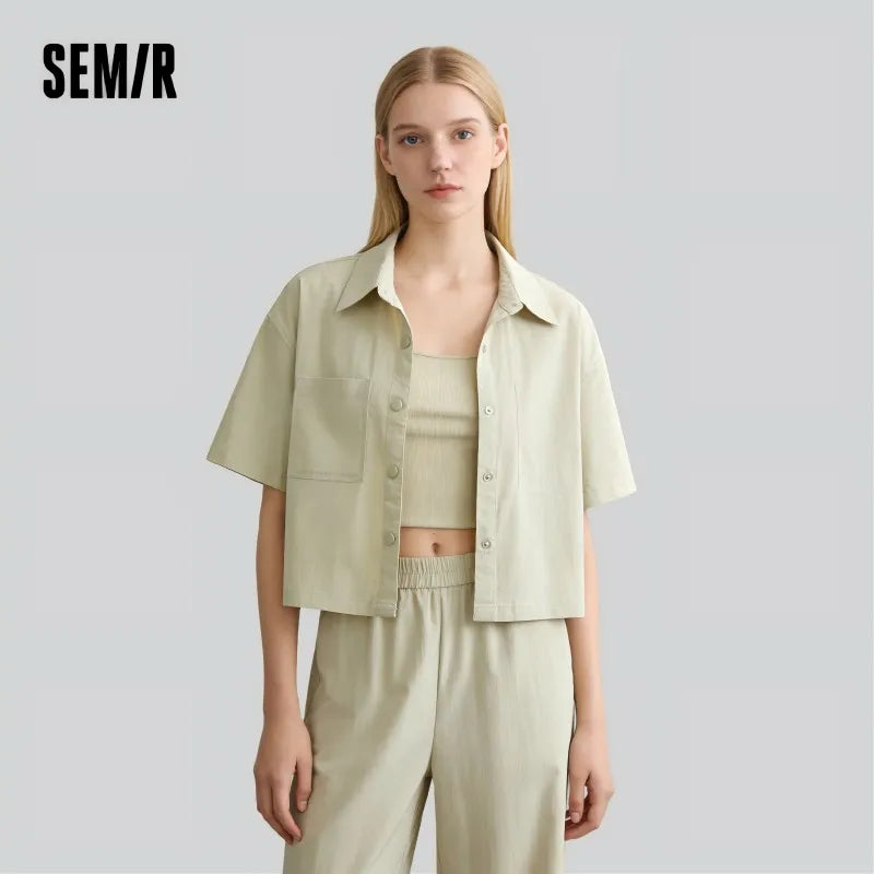 Semir Womens Shirt 2026 Short Sleeve Solid Loose Texture Lapel Tops Urban Workwear Style Casual Soft Comfortable Daily Wear