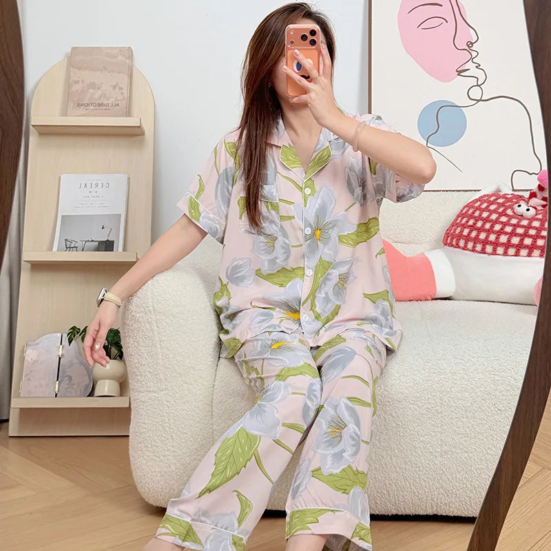 Floral Short Sleeve Sleepwear Female Nightwear Pyjamas Women Summer Pajamas Lapel Top Trousers Home Suit Loungewear Set Pijama