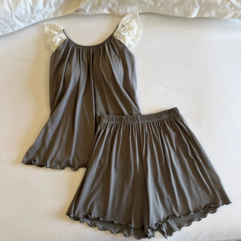 Summer 2 Piece Ladies Night Suit Thin Pijama Sleeveless Top and Shorts Homewear Casual Chest Pads Sleepwear Women's Pajamas