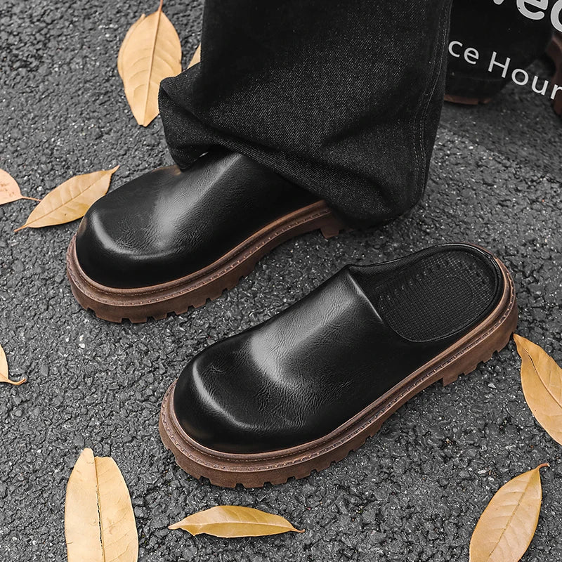 Men's Classic Mules Casual Slip-On Shoes Four Seasons Soft Sole Anti-Slip Breathable Outdoor Walking Leather Shoes Semi Slippers