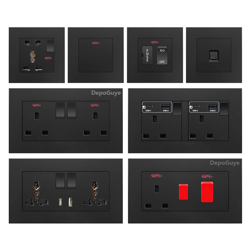 Black UK 13A Wall Socket with USB Type C 18W Quick Charge Plug Socket,Universal Wall power outlet 220V Electrical Light Switch