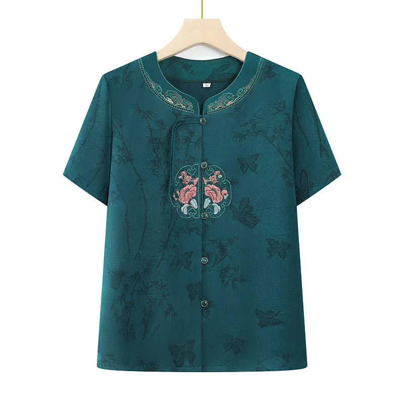 Chinese-style Women's V-neck Short-sleeve Shirts, Summer Single-breasted Embroidered Shirt, Available in Red, Purple, and Green.