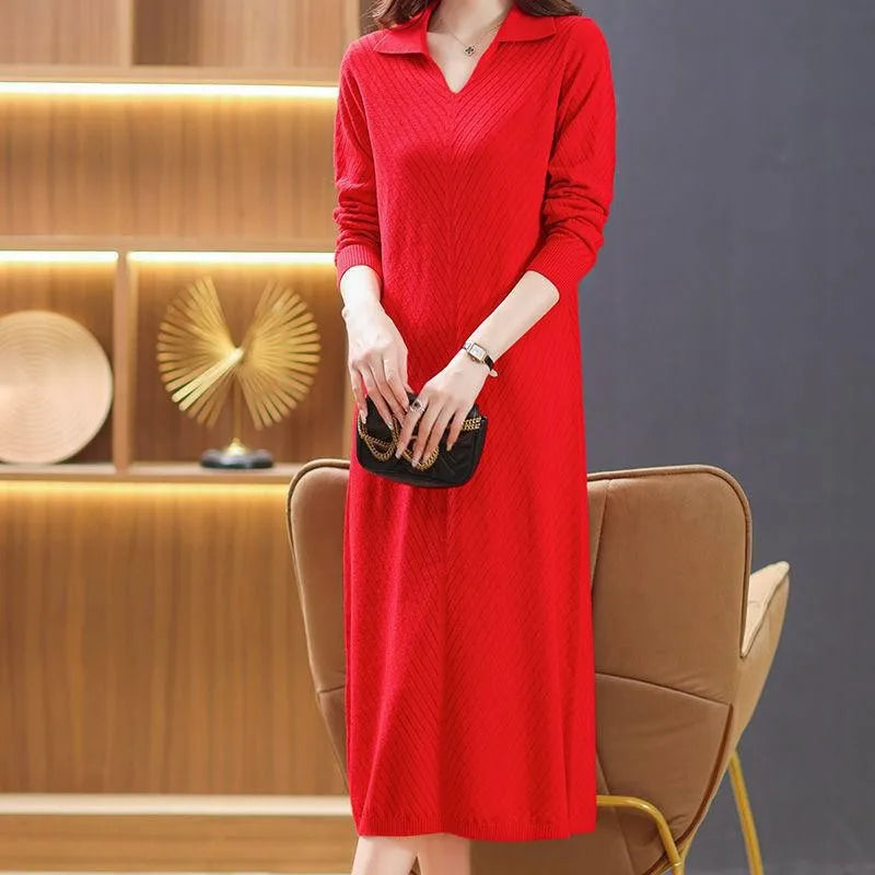 Sweater Women Trends 2026 New Lapel Long Sleeve Knitwear Jumper Spring Autumn Woolen Pullover Clothes Mother Pull Long Dress