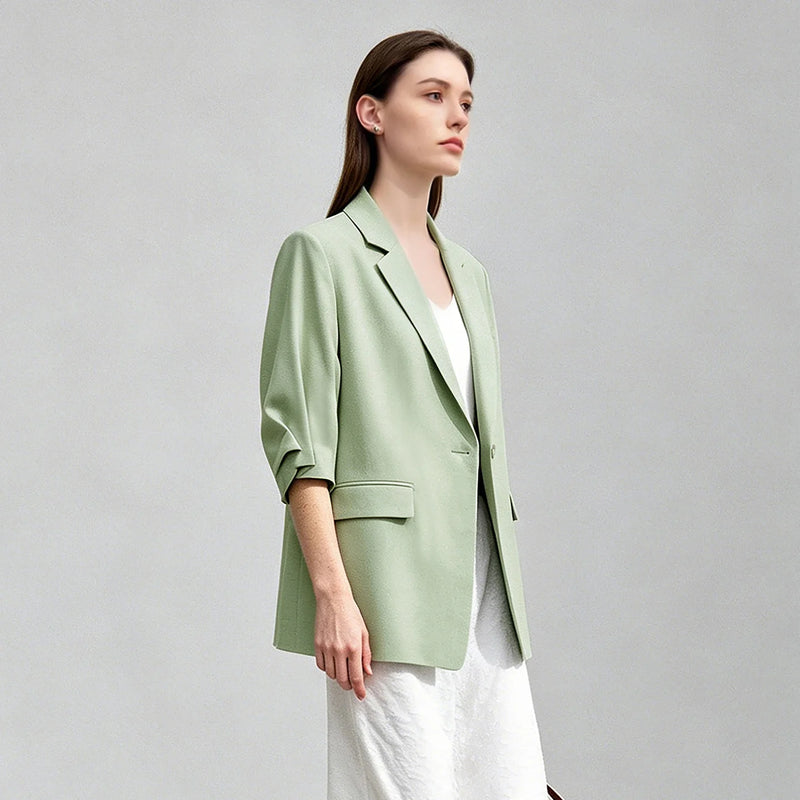 Amii Women's Blazer 2026 Summer New Notch Lapel Linen Blend Pleated Half Sleeve Jacket Casual Office Midi Length Coat 12642184