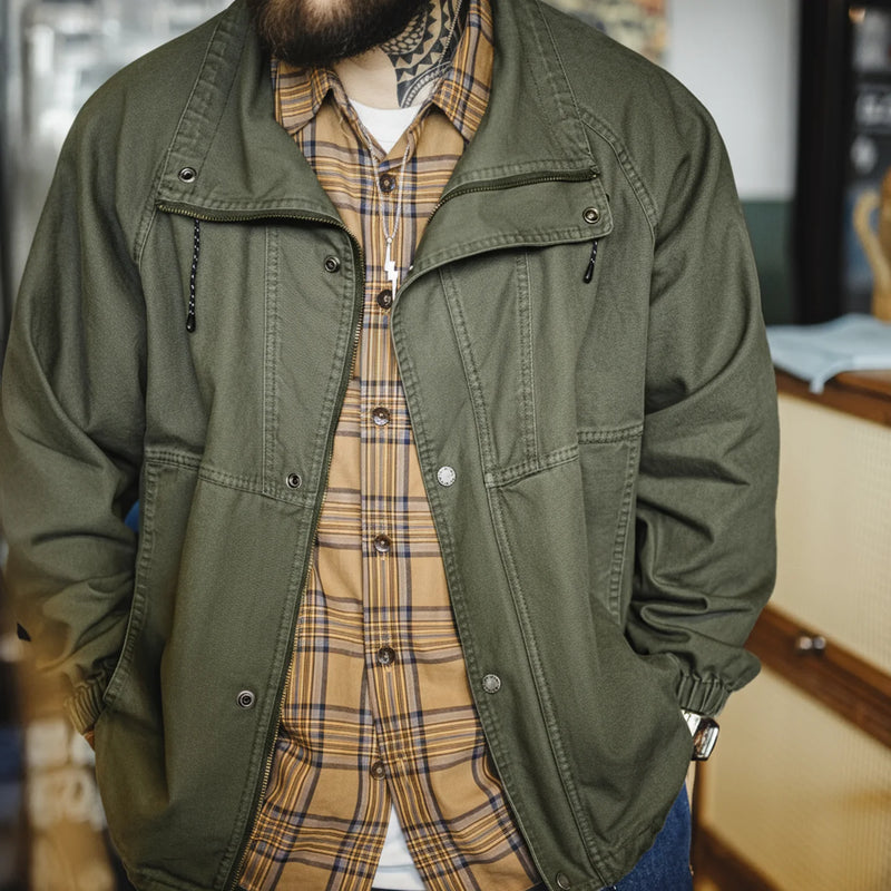 អាវធំ Maden បុរស Vintage M-65 Field Jacket ពណ៌បៃតងកប្បាស Zipper Army Coat Stand Collar Drawstring Windbreaker សម្រាប់រដូវផ្ការីក និងរដូវស្លឹកឈើជ្រុះ