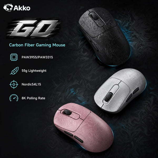 Akko GO Wireless Gaming Mouse Carbon Fiber PAW3955/3950/3315 Sensor 55g Lightweight Dual 8K Polling Rate 65000DPI Esports Mice