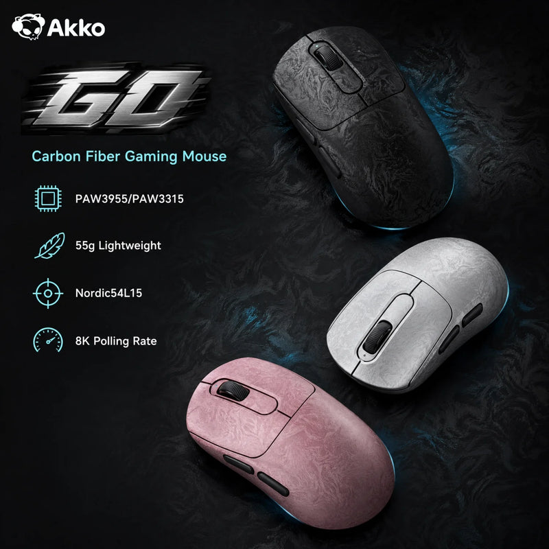 Akko GO Wireless Gaming Mouse Carbon Fiber PAW3955/3950/3315 Sensor 55g Lightweight Dual 8K Polling Rate 65000DPI Esports Mice