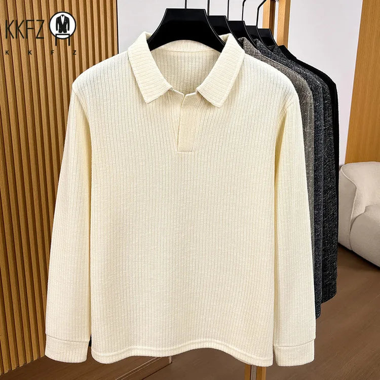 Premium Mens Knitted Polo Long Sleeve Tops Fine Rib Texture Stretch Fabric Turn Collar For Daily And Business Occasions