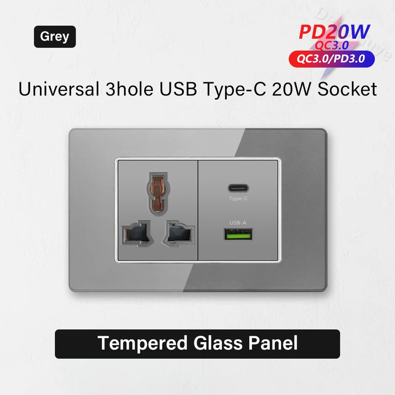 Type 118 Grey Tempered Glass Panel EU Wall Light Switch,Europe Wall Socket With USB Type-c 18W Quick Charge Outlet 118*75mm