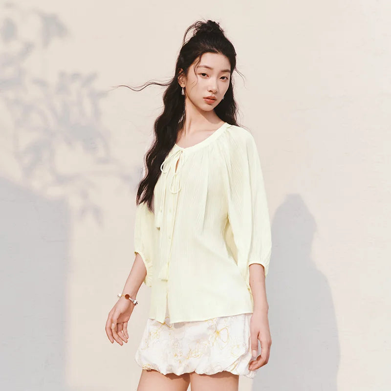 Semir Women Shirt 7/8 Lantern Sleeve Tassel Oversized Texture Shirt 2026 Summer Artistic Style