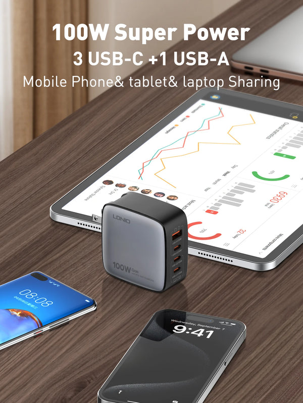 ឆ្នាំងសាក LDNIO 100W GaN USB C Adapter សម្រាប់ធ្វើដំណើរ រន្ធច្រើន ប្រភេទ C ឆ្នាំងសាកកុំព្យូទ័រយួរដៃ សម្រាប់ MacBook iPad iPhone រន្ធដោត US EU UK