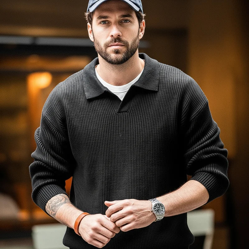 អាវយឺត Maden Retro Polo Neck ប៉ាក់បញ្ឈរ អាវយឺតបុរស Lazy Pullover រដូវស្លឹកឈើជ្រុះ និងរដូវរងា ទន់ ក្តៅ