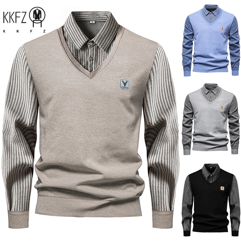 Male Business Knitted Sweater Fake Two Piece Vest Outer Striped Long Sleeve Lapel Shirts Soft Warm Daily Pullover