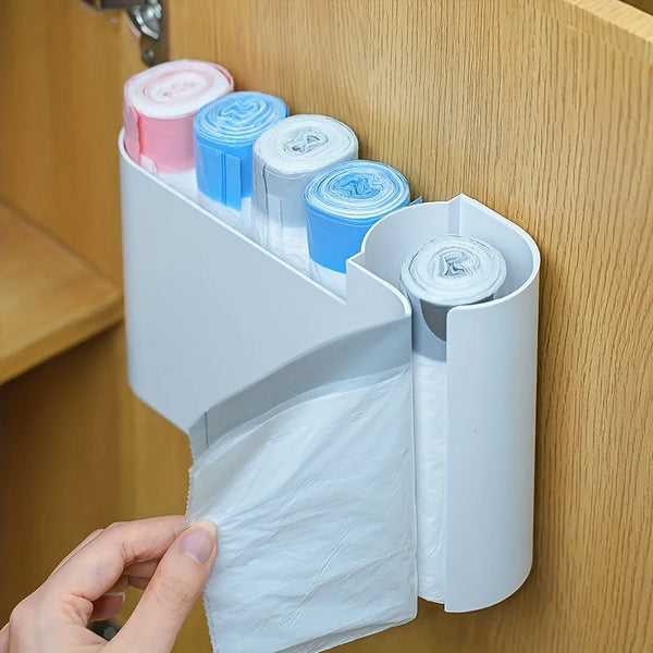 1pc Wall-Mounted Dual-Compartment Trash Bag Organizer - Plastic Kitchen Cabinet Door Storage Box,Space-Saving Design.