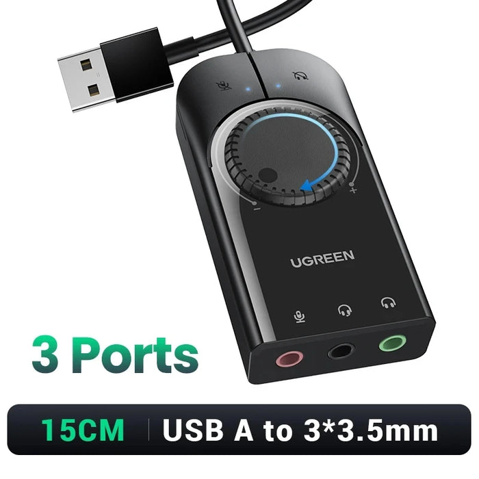 UGREEN Sound Card USB Audio Interface External 3.5mm Microphone Audio Adapter Soundcard for PC Laptop PS4 Headset USB Sound Card 3Ports 15cm CHINA