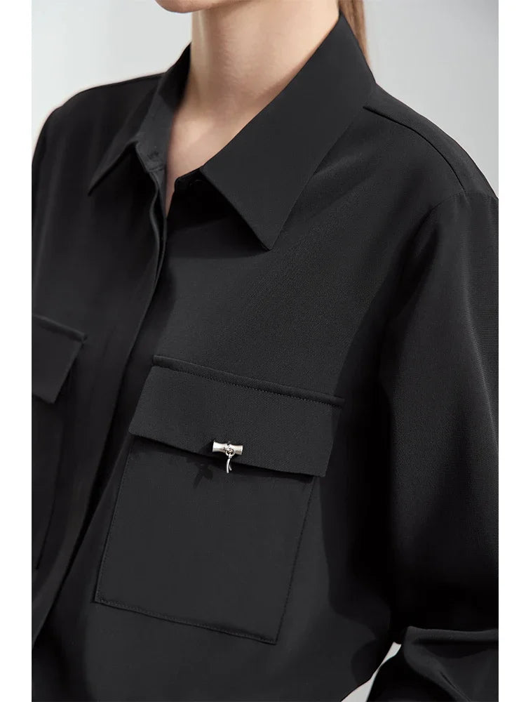 AMII Minimalist Chiffon Shirt Women 2026 Autumn New Temperament Gentle Lapel Bamboo Work Pocket Concealed Button Tops 12521032