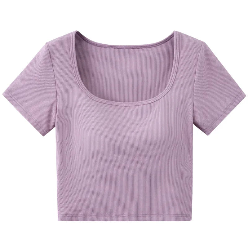 New Square Collar Bra Cup Integrated Slim Modal Sleepwear Vest One Piece Pajamas Women Comfortable Bottom Short Sleeve T-shirt