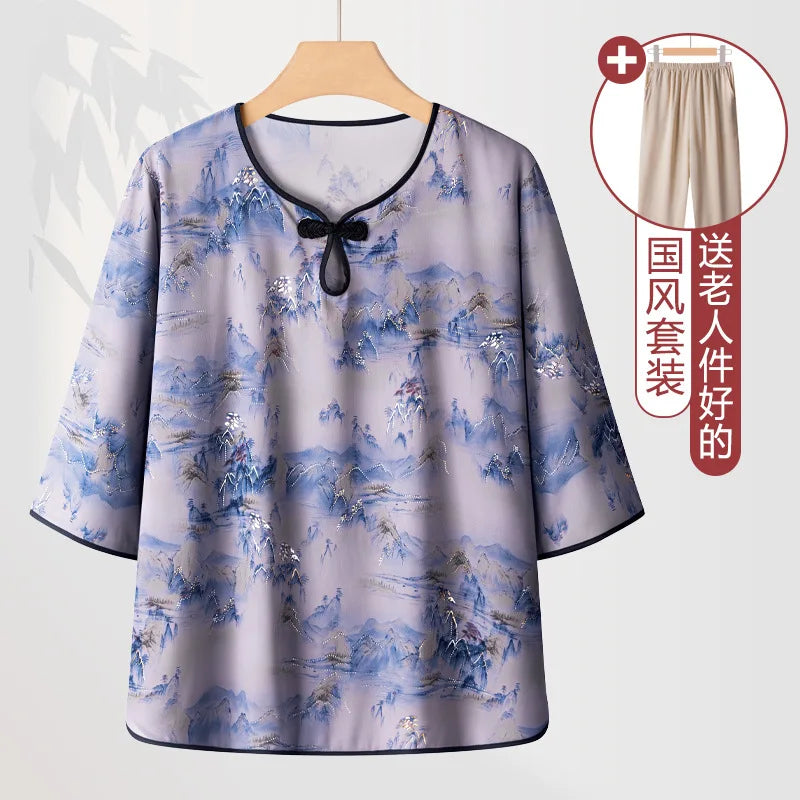ឈុតគេងសម្រាប់ស្ត្រី XL-4XL ប៉ាក់ដោយកប្បាស បោះពុម្ពបែបបុរាណ សម្រាប់ម្តាយវ័យកណ្តាល ស្លៀកក្រៅផ្ទះ