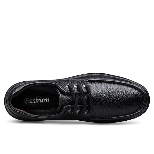 Men Black Genuine Leather Shoes Sturdy Hard Thick Rubber Sole Non‑Slip Casual Business Shoes Lace‑Up Durable Outdoor Work