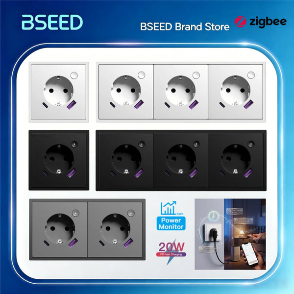 BSEED E Series Zigbee Socket Smart Power Monitor Socket 20W Fast Charge USB Type-C Port Tuya Smart Life Control Plastic Frame