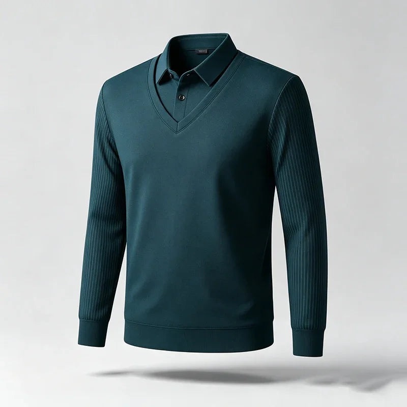 Men Fake Two Piece Long Sleeve Top V Neck Ribbed Sleeve Shirt Collar For Business Office Daily Commute Casual Outfits