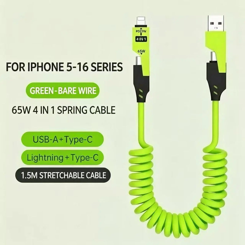 4 IN 1 Retractable Spring Charging Cable 65W PD Fast Charge Multi‑Connector Phone USB Cable
