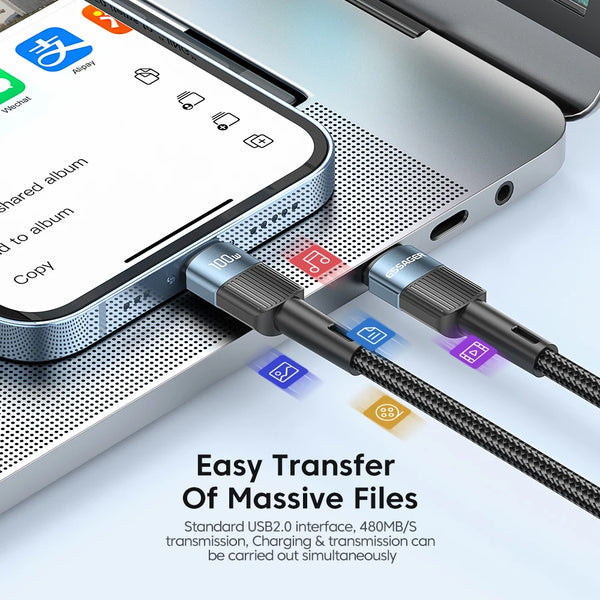 ខ្សែសាក Essager 100W USB Type C ទៅ USB C ខ្សែសាក USB-C PD សាកលឿនសម្រាប់ Macbook Samsung Xiaomi ខ្សែ USBC ទំហំ 3M