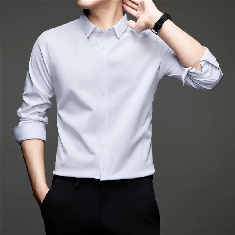 Mens Lightweight Button Up Dress Shirt Lapel Collar Long Sleeve Glossy Texture Top For Daily Business Occasions