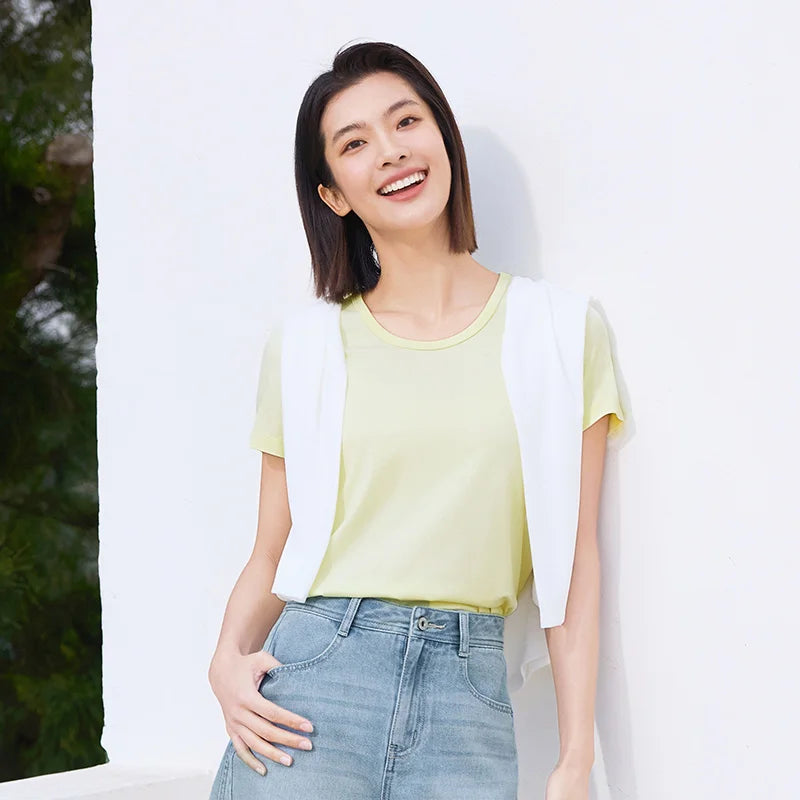 Semir Slim Fit Tshirt Women Summer Solid Color Basic Crew Neck White Cool Touch Casual Comfortable Fashion Slim Top