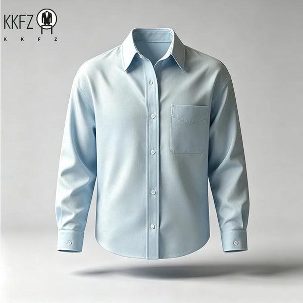 Mens Simple Button Front Long Sleeve Shirt Turn Collar Single Pocket Loose Oversized Fit Daily Outer Garment